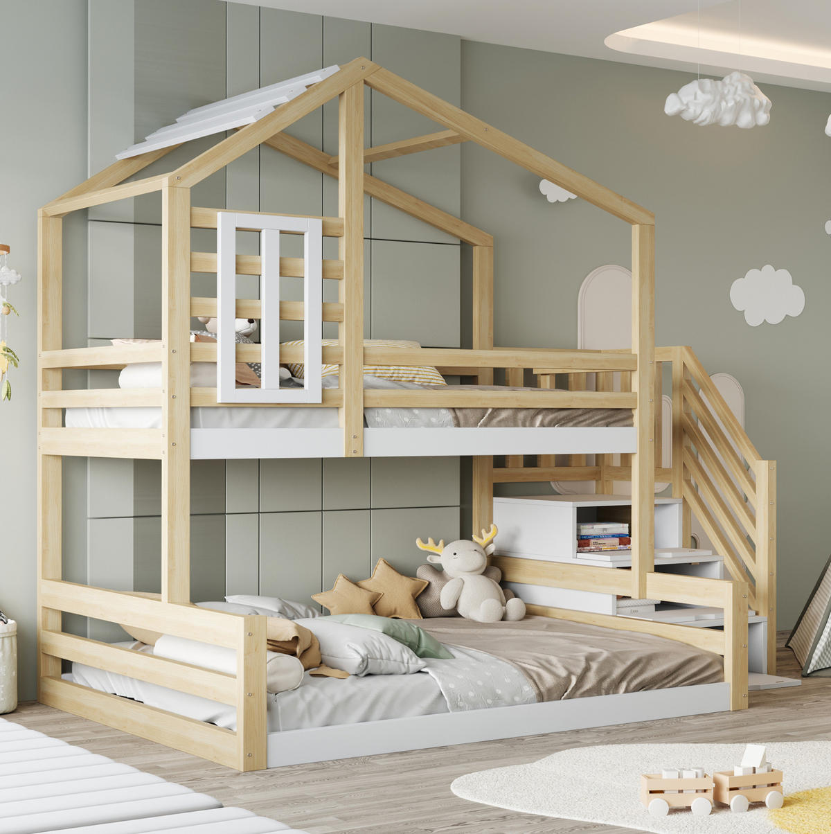 HAUSBETT 90/200 cm & 140/200 cm aus Kiefernholz mit Treppe und Stauraum - Naturfarben, Holz (90/200cm) - Flora Grace