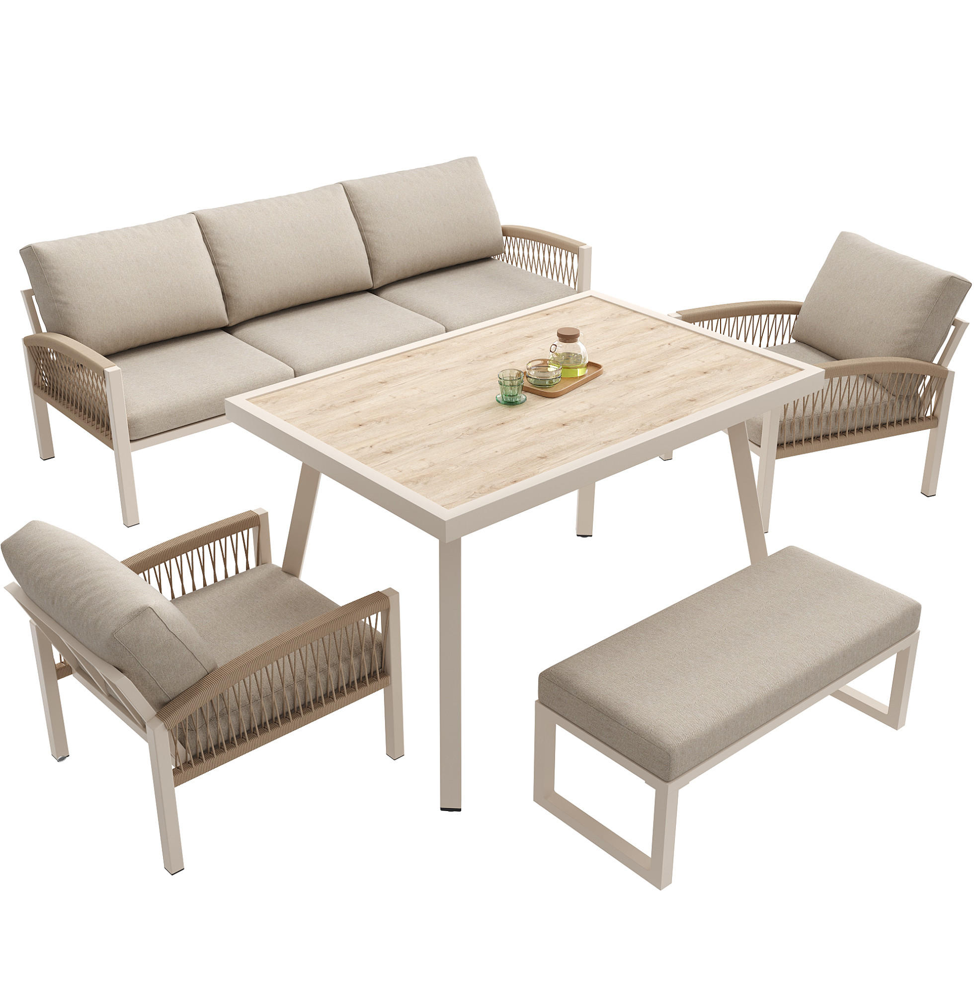 GARTEN-LOUNGE-SET für 7 Personen mit Stahlrahmen & Coffeetable Glas in Holzoptik, 173,5/65/62,5 cm, Beige - Beige, Metall - Redom