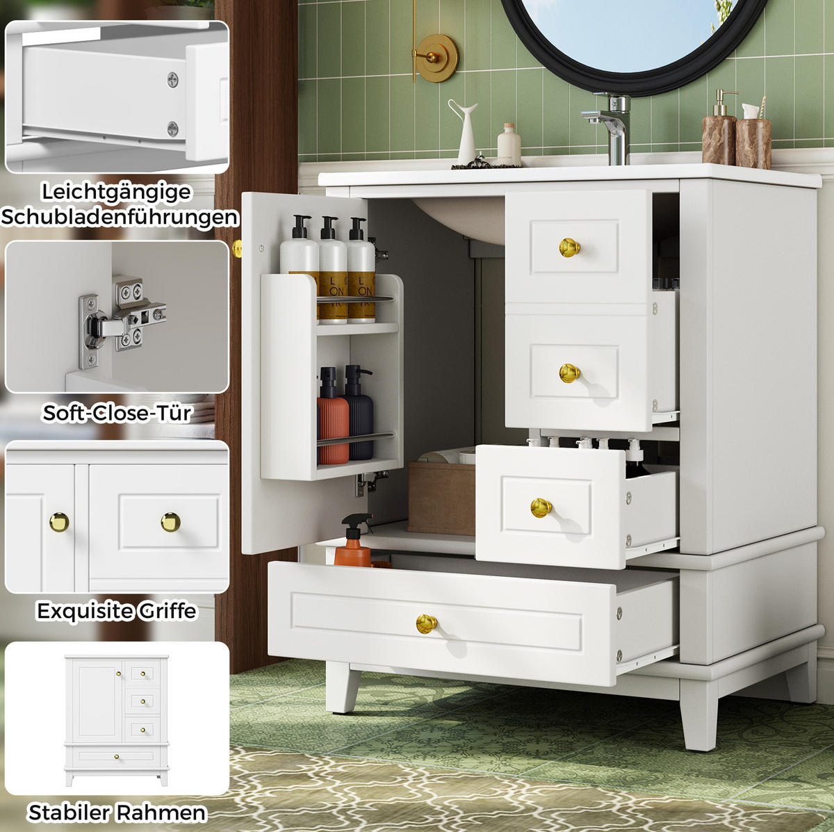 WASCHTISCHUNTERSCHRANK aus MDF und Keramik 61x47x86 cm Weiß mit 3 Schubladen, Soft-Close und Stauraum - Weiß, Keramik (61/86/47cm) - Modfu