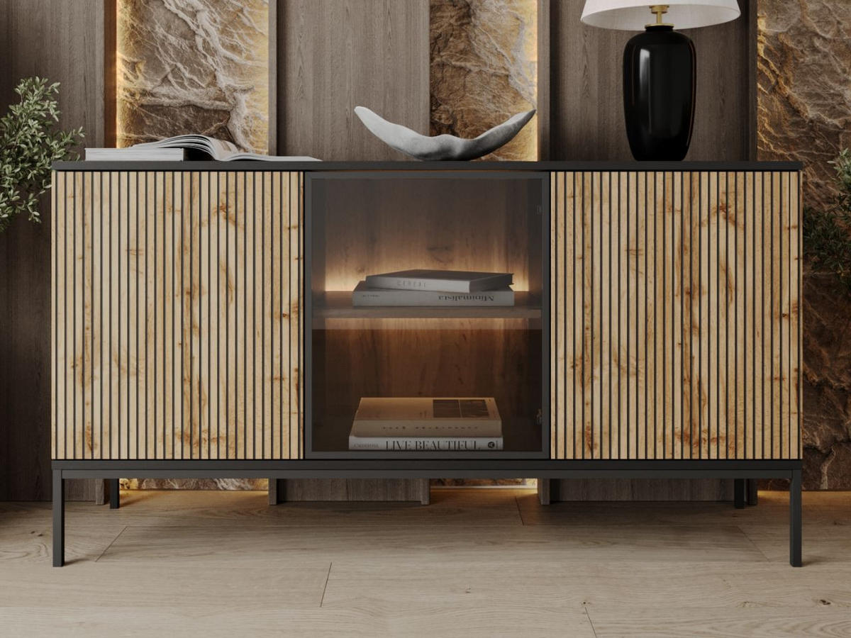 KOMMODE Graphit, Wotan Eichefarben 154/83/39 cm Deo - Eiche Wotan/Schwarz, Naturmaterialien/Glas (154/83/39cm) - Graingold