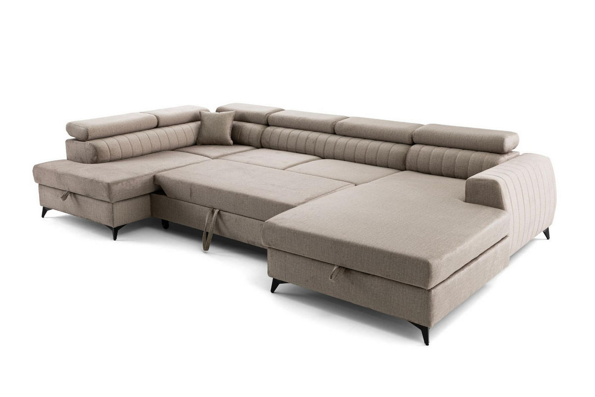 ECKSOFA U-Form PIERO U Links mit Schlaffunktion 125x260 Velours Beige - Beige/Schwarz, Holz/Textil (350/90/203cm) - Muffo