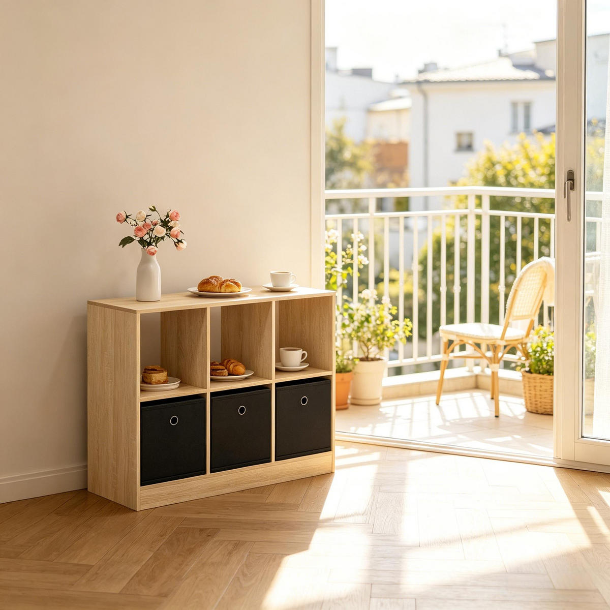 BÜCHERREGAL Schwarz/Eichefarben mit 3 Stoffschubladen 80/30/61 cm - Schwarz, Holzwerkstoff (80/61/30cm) - PANGIVO