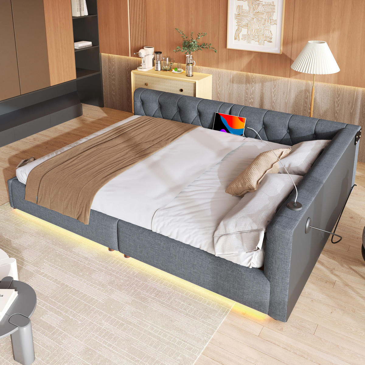 POLSTERBETT 140/200 cm grau mit Lattenrost und USB-Anschlüssen - Grau, Textil (140/200cm) - OKWISH