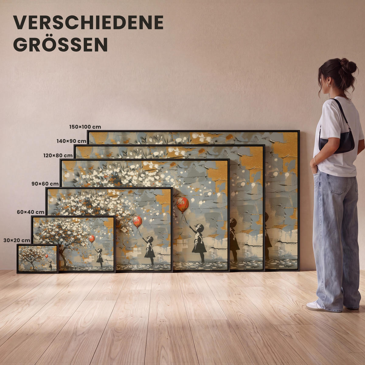 LEINWAND Bilder mit Rahmen - Baum - Graffiti - Banksy-Stil - Ballon-Mädchen - 90x60 - Blaugrau, Textil (90/60cm) - MuchoWow