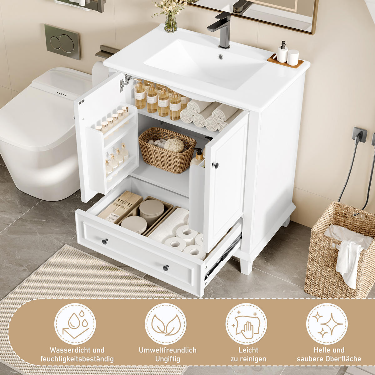 WASCHTISCHKOMBI Weiß mit Keramikbecken & Massivholzbeinen - Weiß, Keramik/Holzwerkstoff (76/87/46cm) - Urban Meuble