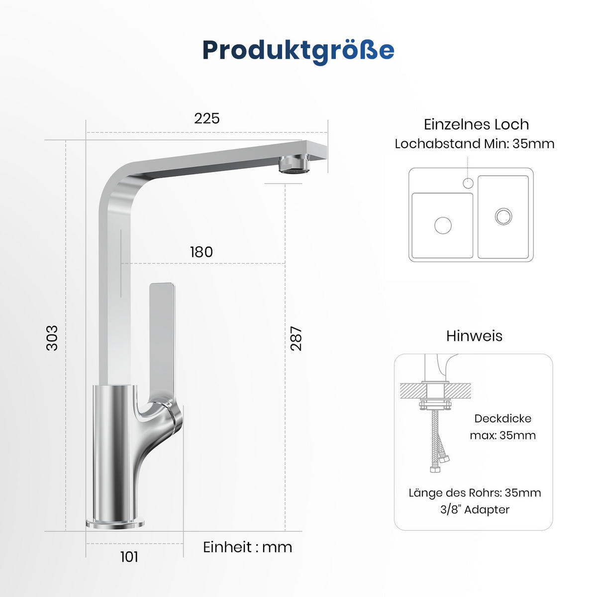 KÜCHENARMATUR mit 360° Drehbar Edelstahl Einhebelmischer Chrom - Chromfarben, Metall (22.5/10.1/30.3cm) - EMKE