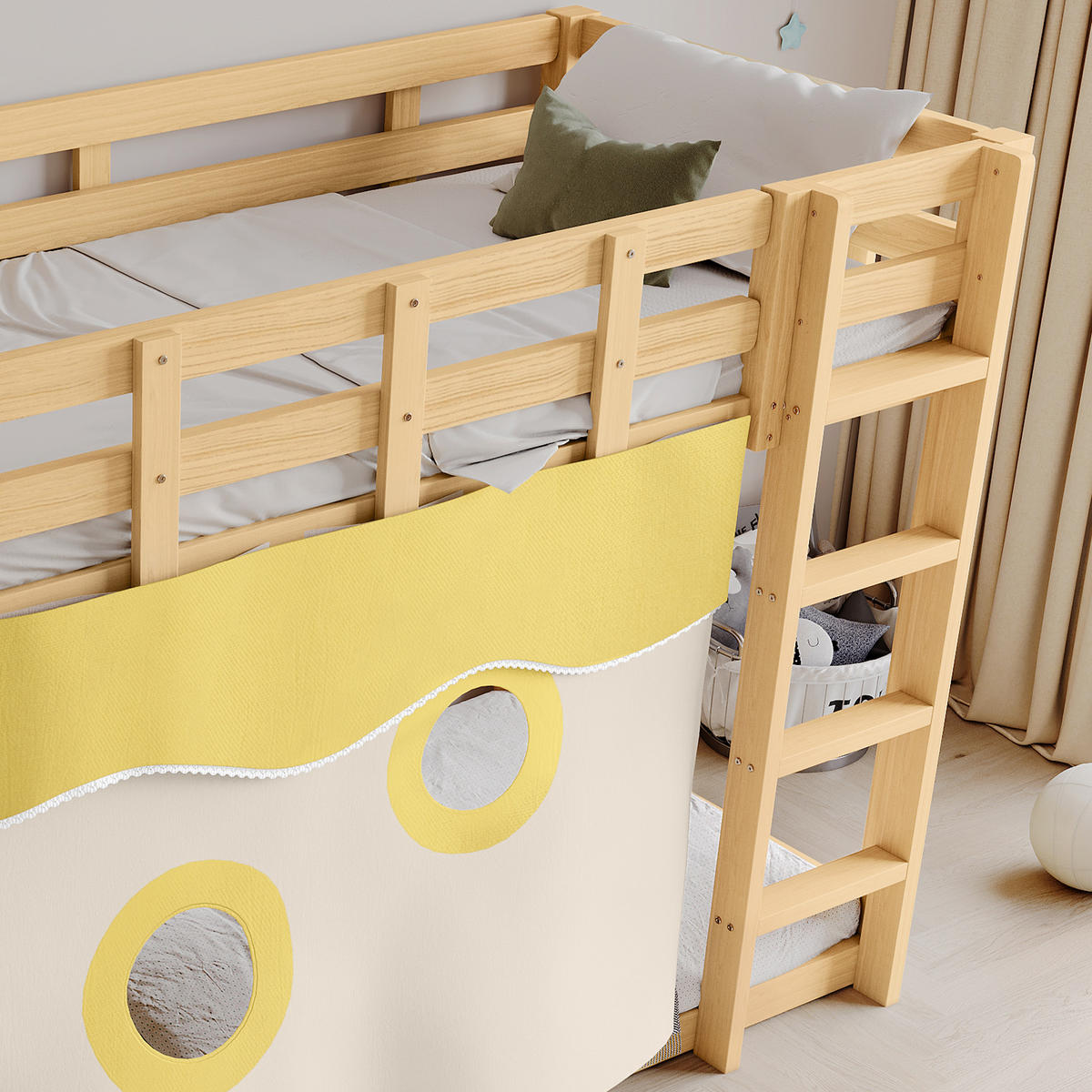 ETAGENBETT 90/200 cm aus Holz mit Treppe, Rutsche, Vorhang und Fallschutz, Natur - Naturfarben, Holz (90/200cm) - Redom