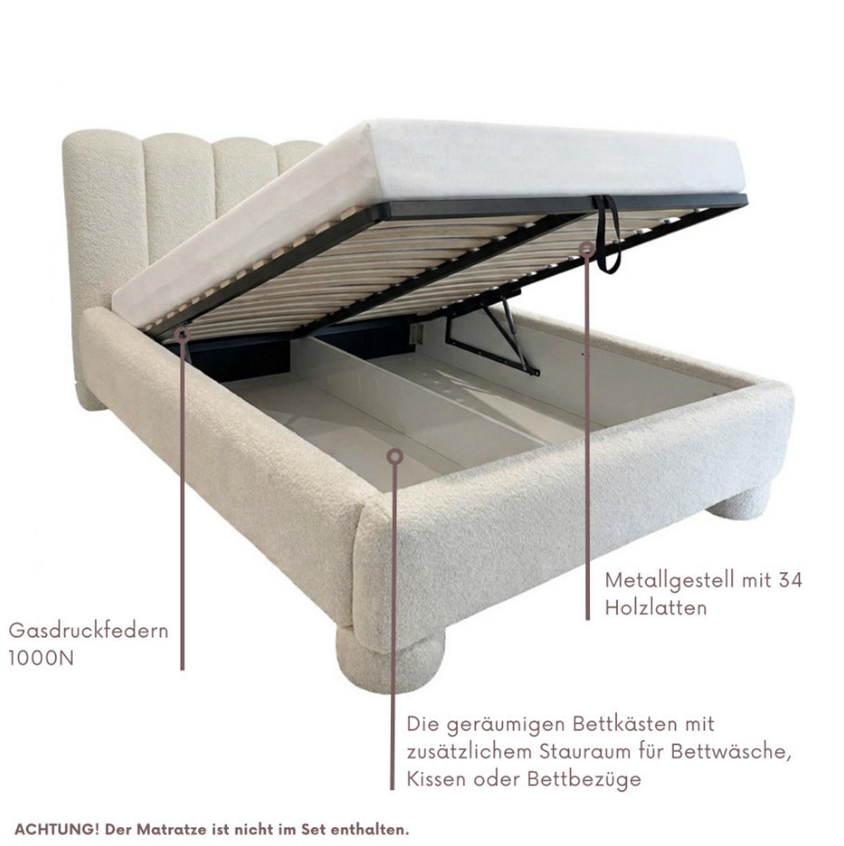 POLSTERBETT MONA 1 Bettkasten Lattenrost SPACE PLUS ROBO-FRIENDLY 120x200-CORAL15 Creme - Creme, Holz (120/200cm) - Furnistar