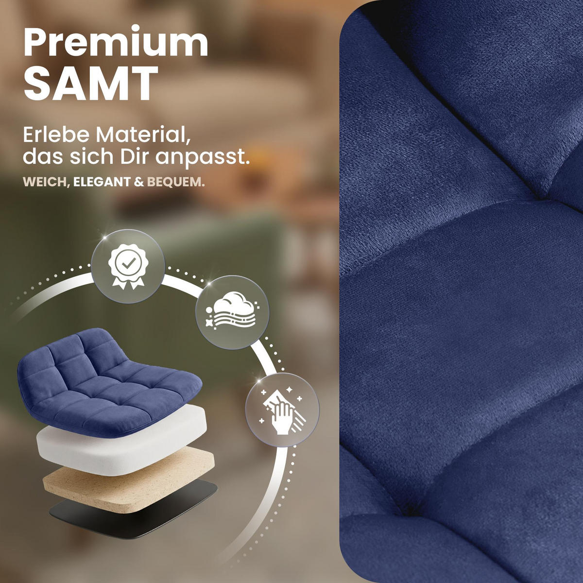 STUHL Samt Blau - Blau/Schwarz, Textil/Metall (45/84/55cm) - CLP