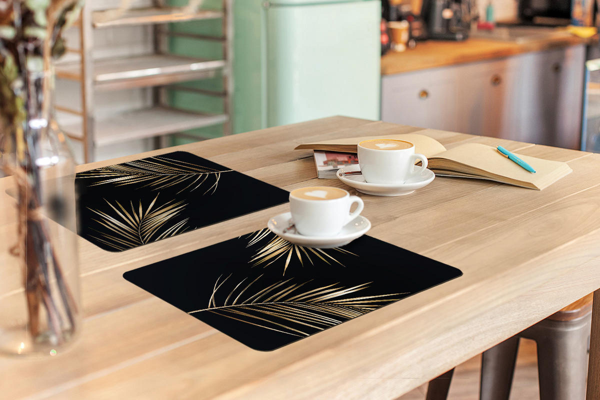 PLATZSETS 6er-Set Blätter - Pflanzen - Gold - Schwarz - Luxus 45x30 cm - Goldfarben, Kunststoff (0.3/45/30cm) - MuchoWow