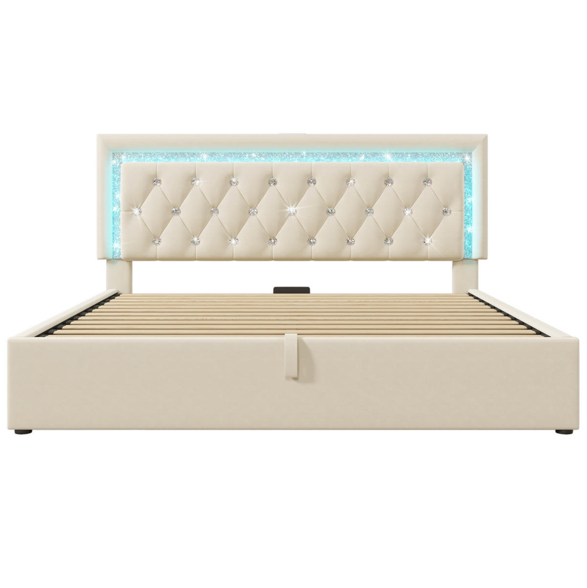 POLSTERBETT aus Samt 160x200 cm Beige mit LED-Beleuchtung, USB-C und Bettkasten - Beige, Textil (160/200cm) - IVMEU