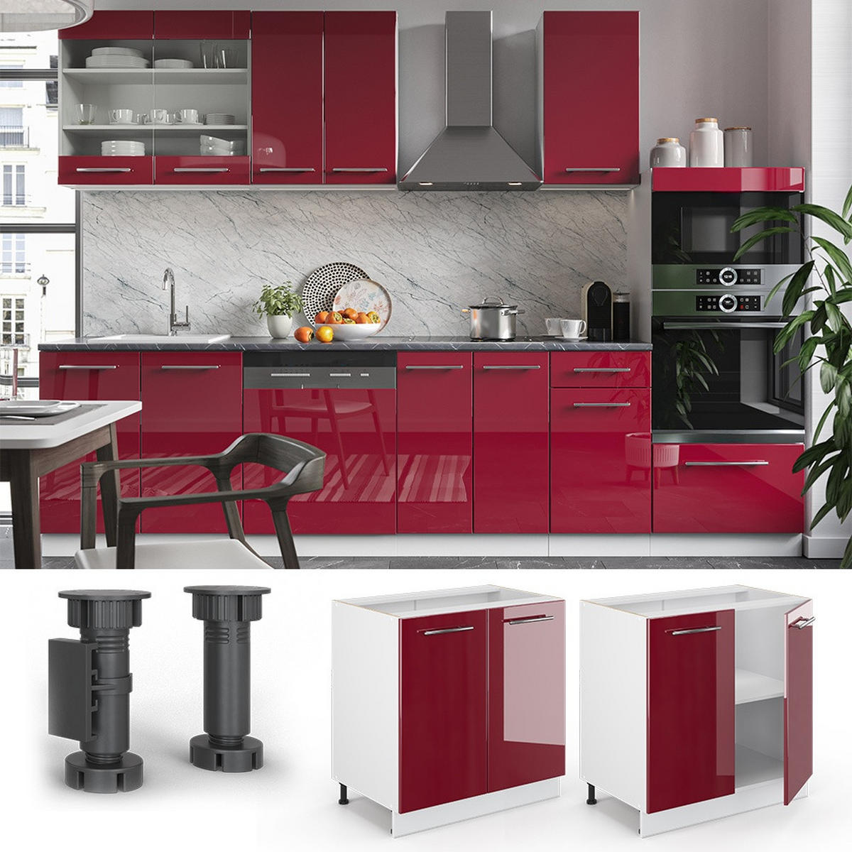 SPODNJA OMARICA ZA POMIVALNO KORITO Fame-Line Bordo rdeča barva visokega sijaja 80 cm s polico, DP Marmor - bela/bordo, leseni material (80/82/60cm) - Vicco