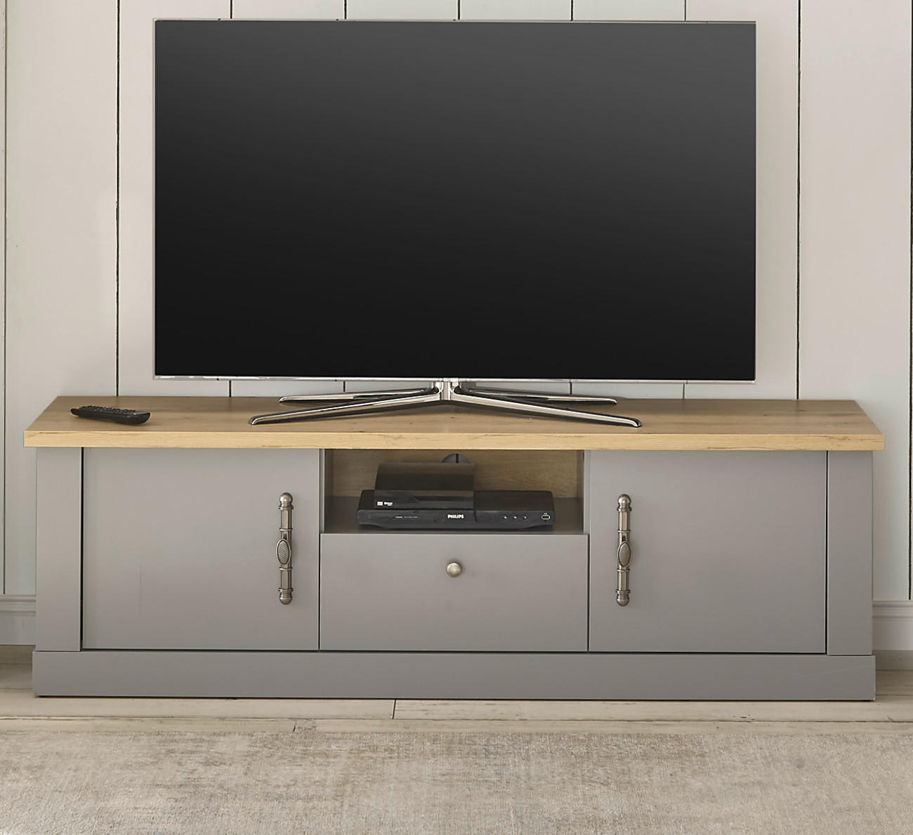 TV-LOWBOARD grau, Artisan Eiche Landhaus 155 cm, TV Unterteil mit viel Stauraum - Silberfarben/Hellgrau, Holzwerkstoff/Metall (155/48/44cm) - Furn.Design