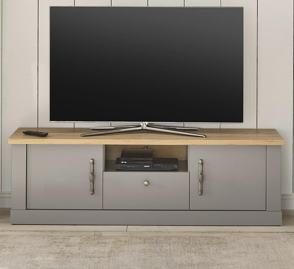 TV-LOWBOARD grau, Artisan Eiche Landhaus 155 cm, TV Unterteil mit viel Stauraum - Silberfarben/Hellgrau, Holzwerkstoff/Metall (155/48/44cm) - Furn.Design
