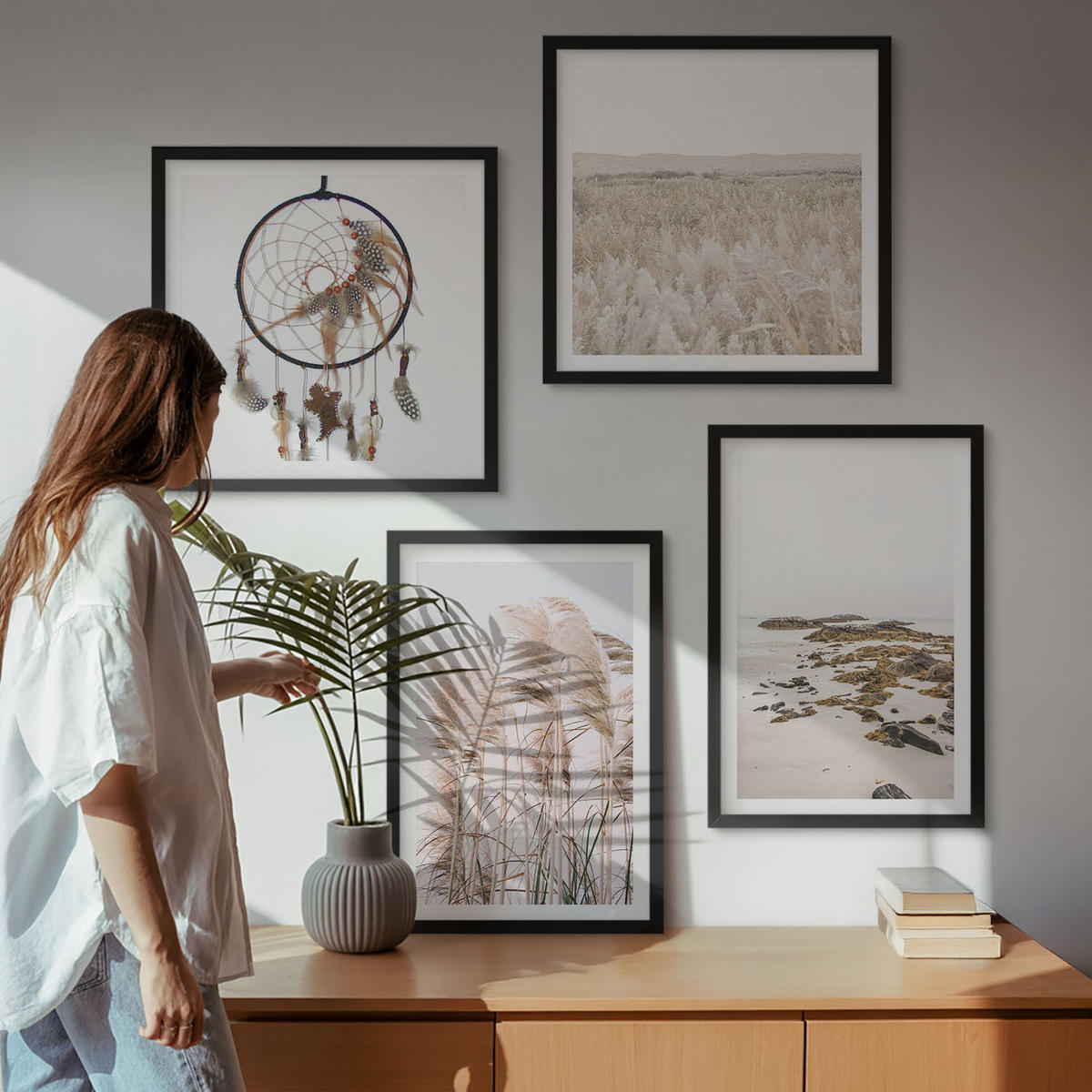WANDBILDER 4er-Set - 50x50 cm & 40x60 cm Schwarzer Rahmen - Wiesen, Strand, Boho-Stil - Schwarz, Kunststoff (50/50cm) - ArtPrintCave