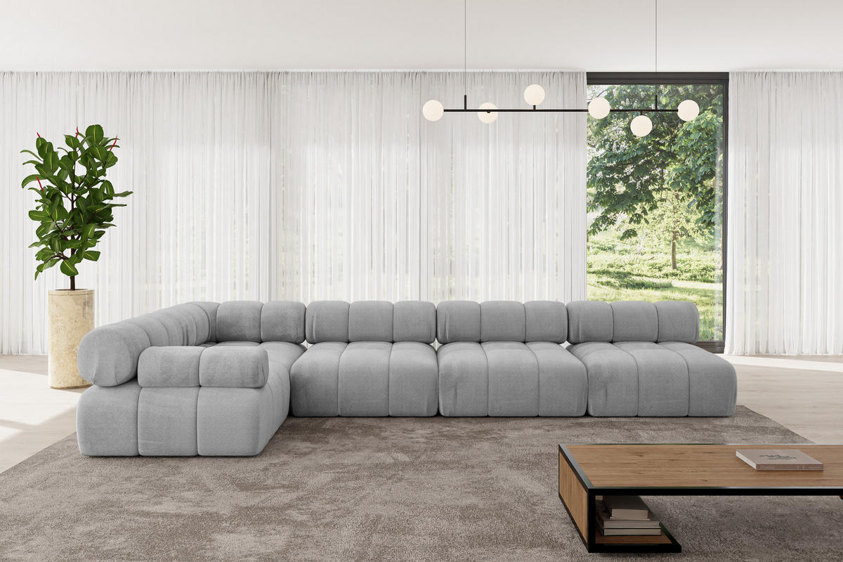ECKSOFA modulares Sofa Mende-L3 - 380x190x70 cm Hellgrau Velours - Hellgrau, Holzwerkstoff/Textil (380/190cm) - ALTDECOR