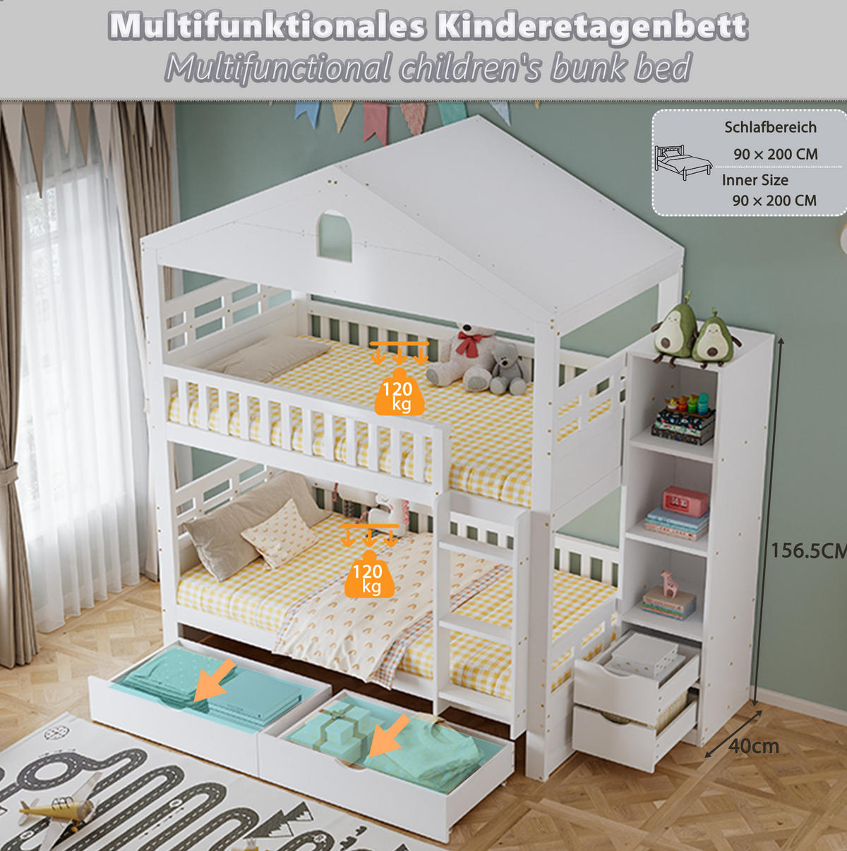 ETAGENBETT aus Kiefernholz 90x200 cm Weiß mit Hausdesign, 2 Schubladen und seitlichem Stauraum - Weiß, Holz (90/200cm) - Modfu