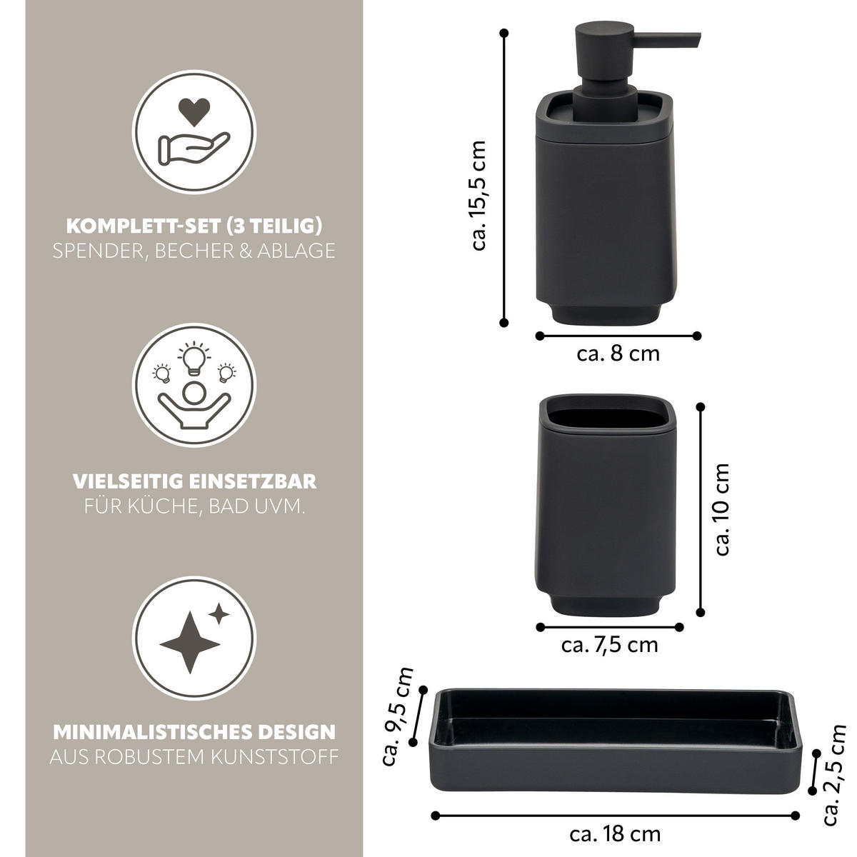 BAD-ACCESSOIRES-SET VALONA, Soft-Touch, schwarz - Schwarz, Kunststoff (18/2.5/9.5cm) - eluno