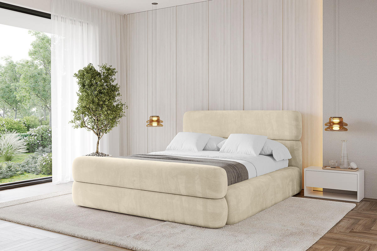 POLSTERBETT mit Bettkasten, Fußteil und Lattenrost, Boxbett mit Matratze H3/H4 - ENORA-Z 140x200 Beige - Ecru, Holzwerkstoff/Textil (140/200cm) - ALTDECOR