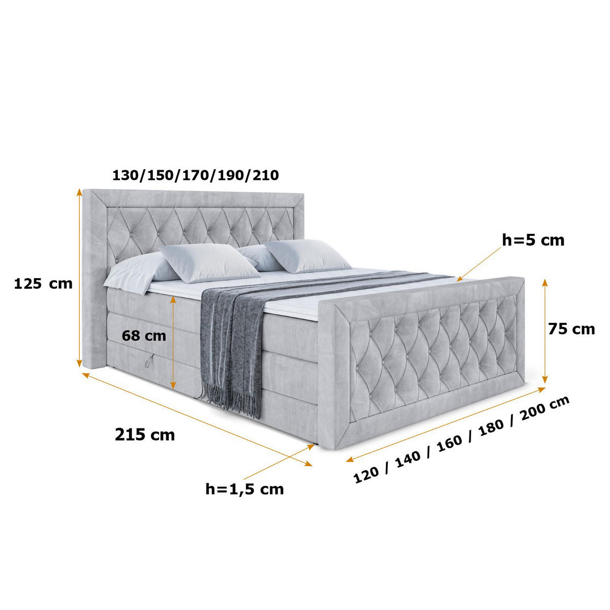 BOXSPRINGBETT NOEL-Z KING - 120 x 200 - H3/H4 - Hellgrau - Hellgrau, Holzwerkstoff (120/200cm) - ALTDECOR