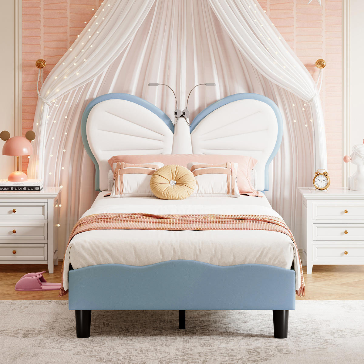 POLSTERBETT 90x190 cm Kinderbett mit Schmetterling Kopfteil, LED Leselicht, Blau Weiß - Blau, Metall (90/190cm) - EuroLiving