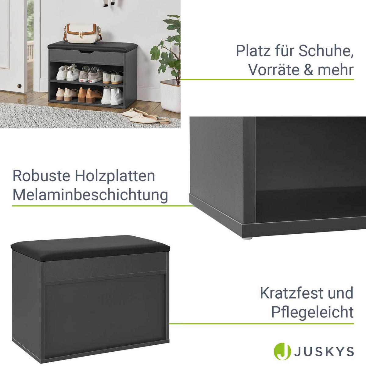 SCHUHREGAL grau mit Klappdeckel und gepolstertem Sitz 60 x 30 x 44 cm - Dunkelgrau, Holz (30/44/60cm) - Juskys