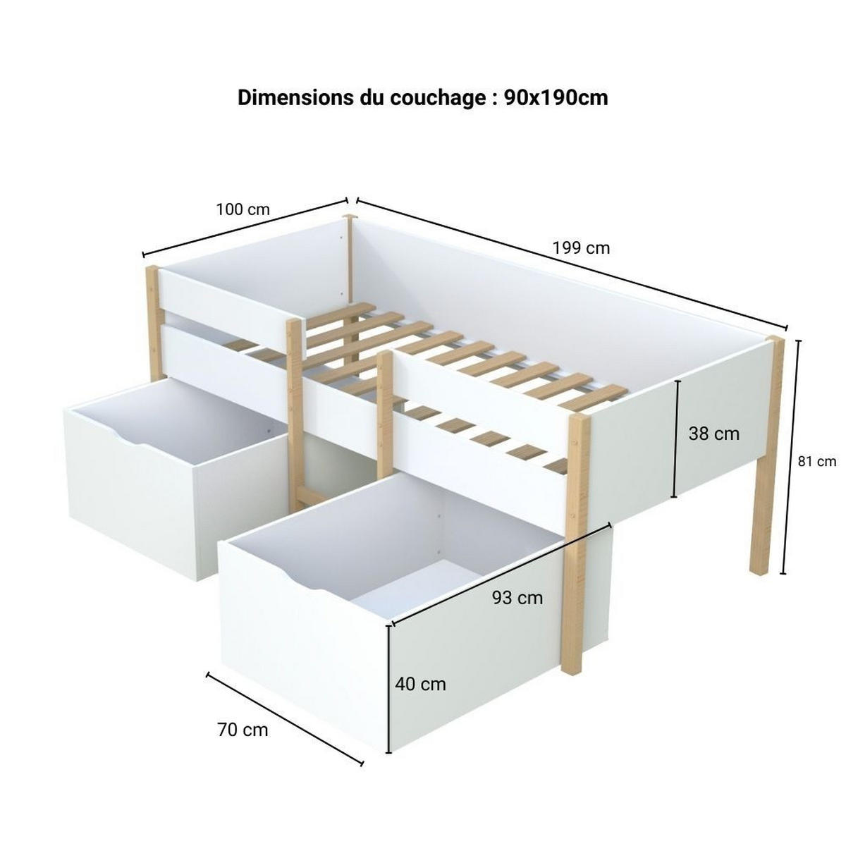 KINDERBETT ZEPHIR / SPIELBETT 90x190 cm + 2 Schubladen + Lattenrost / Weiß & Naturlack - Multicolor, Holz/Holzwerkstoff (90/190cm) - Weber Industries