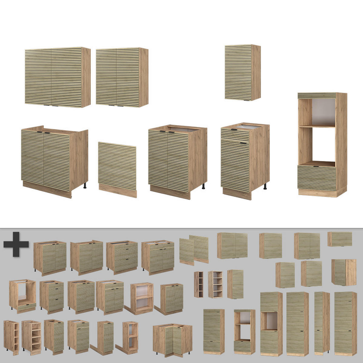 KÜCHENZEILE Fame-Line Eiche Paneel/Goldkraft Eiche 300 cm mit Hochschrank, AP Marmor - Honigeiche/Hellbraun, Holzwerkstoff (300/81.6/60cm) - Vicco