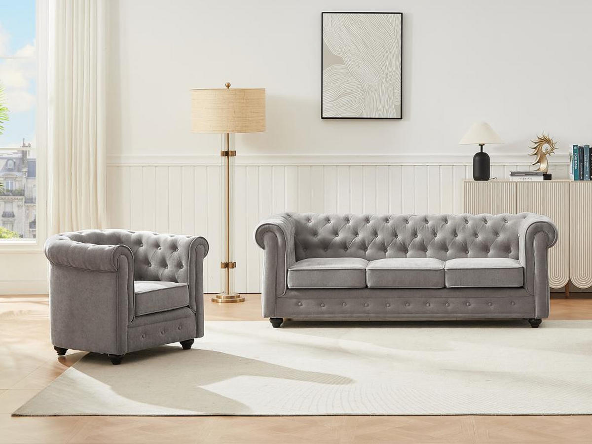 SOFA 3-Sitzer & Sessel - Stoff - Grau - CHESTERFIELD - Grau, Textil (88/72/205cm) - Vente-Unique