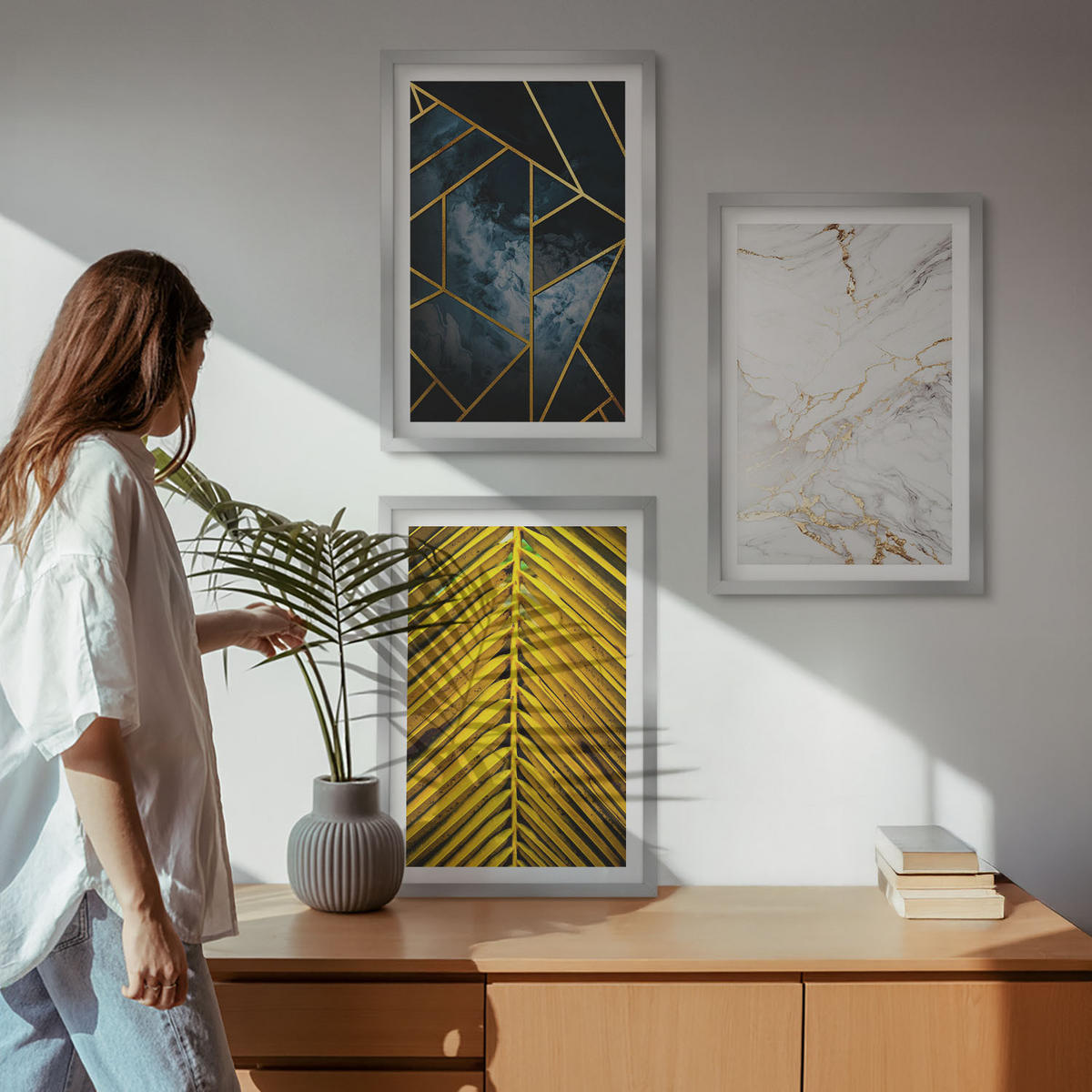 BILDER SET 3er Set - 40x60 cm Silberner Rahmen - Geometrische Muster und Vegetation - Silberfarben, Kunststoff (40/60cm) - TULUP