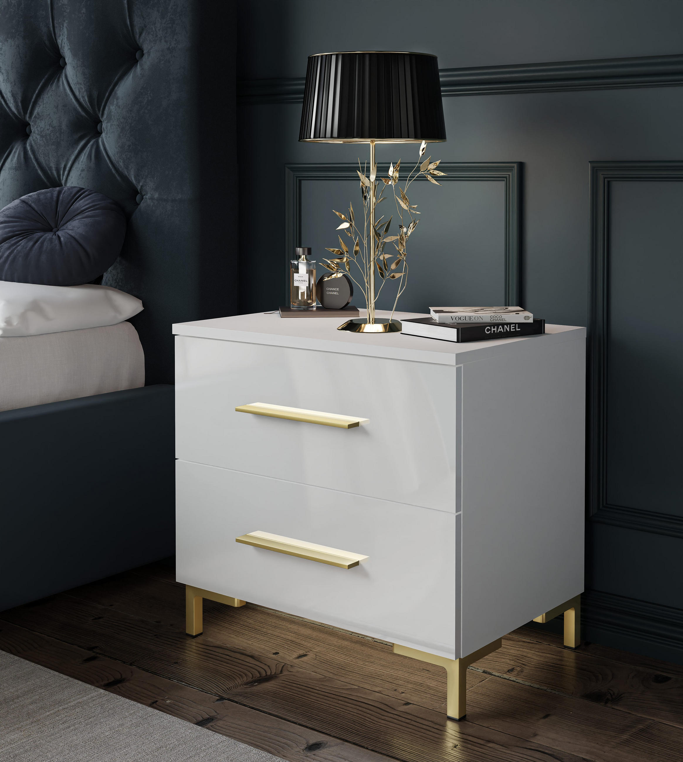 NACHTTISCH LINA GOLD mit Beinen, Hochglanz - Weiß, Holzwerkstoff (55/52/37cm) - Lookway