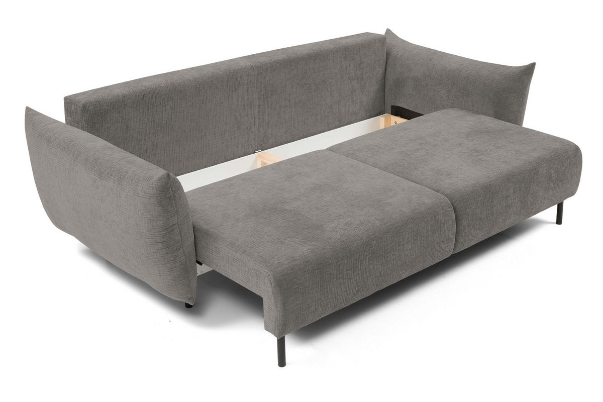 SOFA ADEL - Schlaffunktion Und Bettkasten, Wellenfederung, PUR-Schaum, Schwarze Metallfüße lose Rückenkissen, freistehend, 240x108x75 cm Light grey - Hellgrau, Holz/Textil (240/75/108cm) - DomoHome