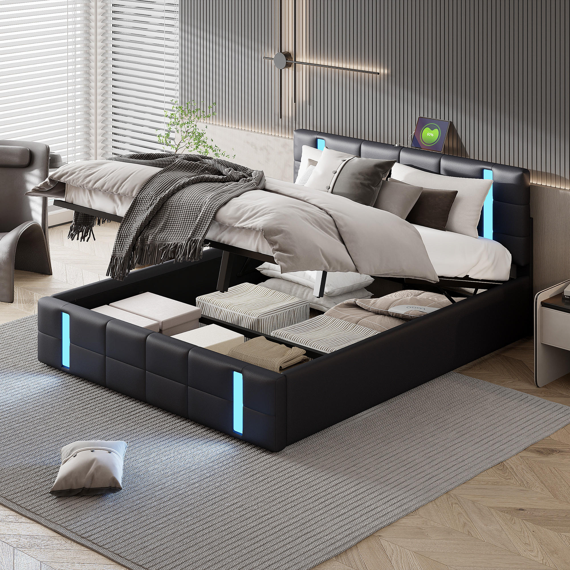 POLSTERBETT 160x200 cm, Schwarz, mit Bettkasten & LED-Beleuchtung - Schwarz, Textil/Metall (160/200cm)