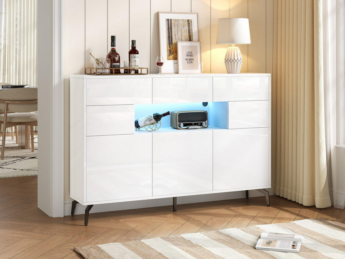 SIDEBOARD 140/30/94 cm mit 3 Schubladen, LED-Beleuchtung und Hochglanzfront - Weiß, Holzwerkstoff (140/94/30cm) - BEAOK