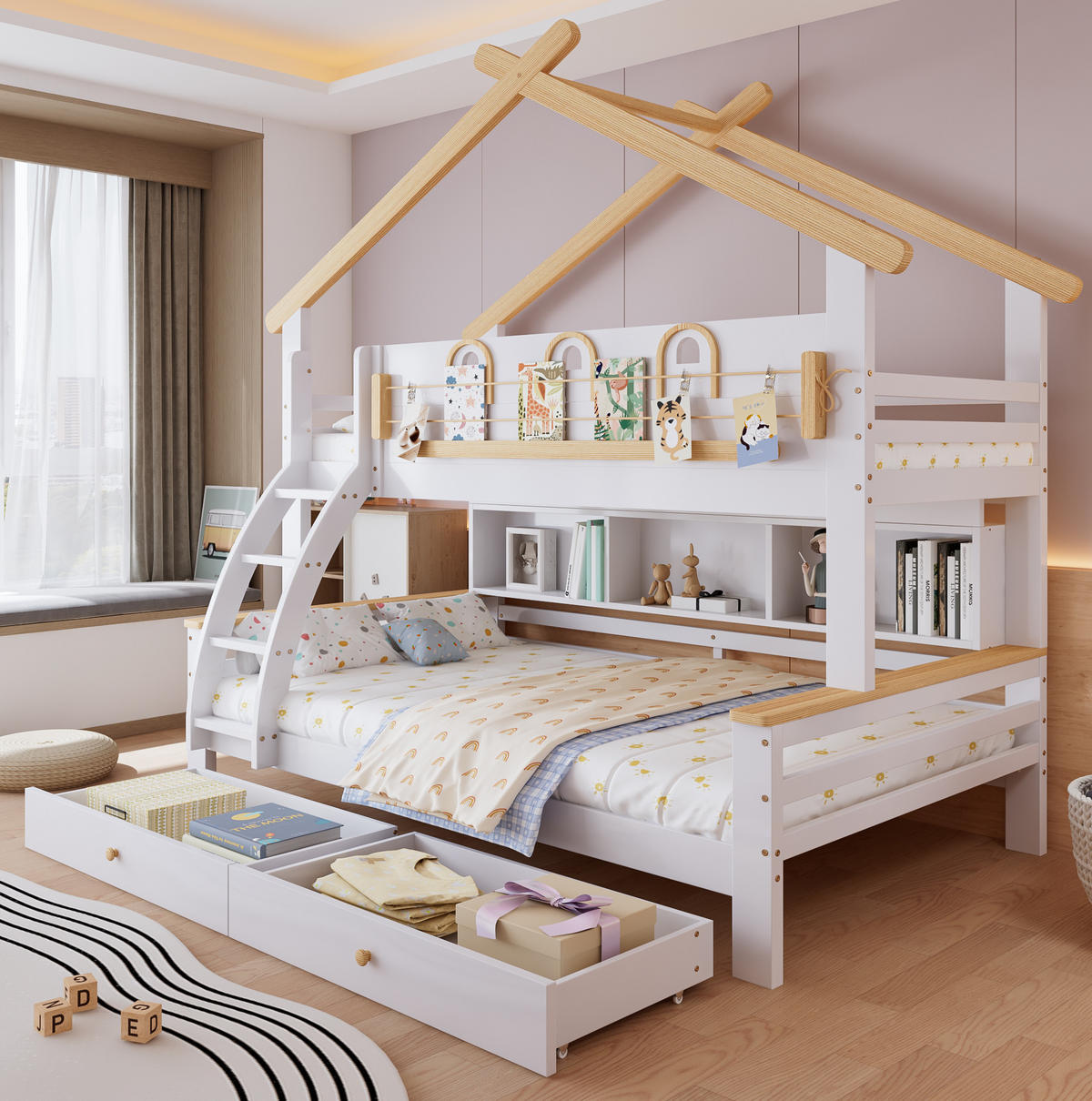ETAGENBETT Kinderetagenbett 90/200 cm & 120/200 cm Weiß Natur mit Schubladen ohne Matratze - Weiß, Holz (90/200cm) - MIVRAY