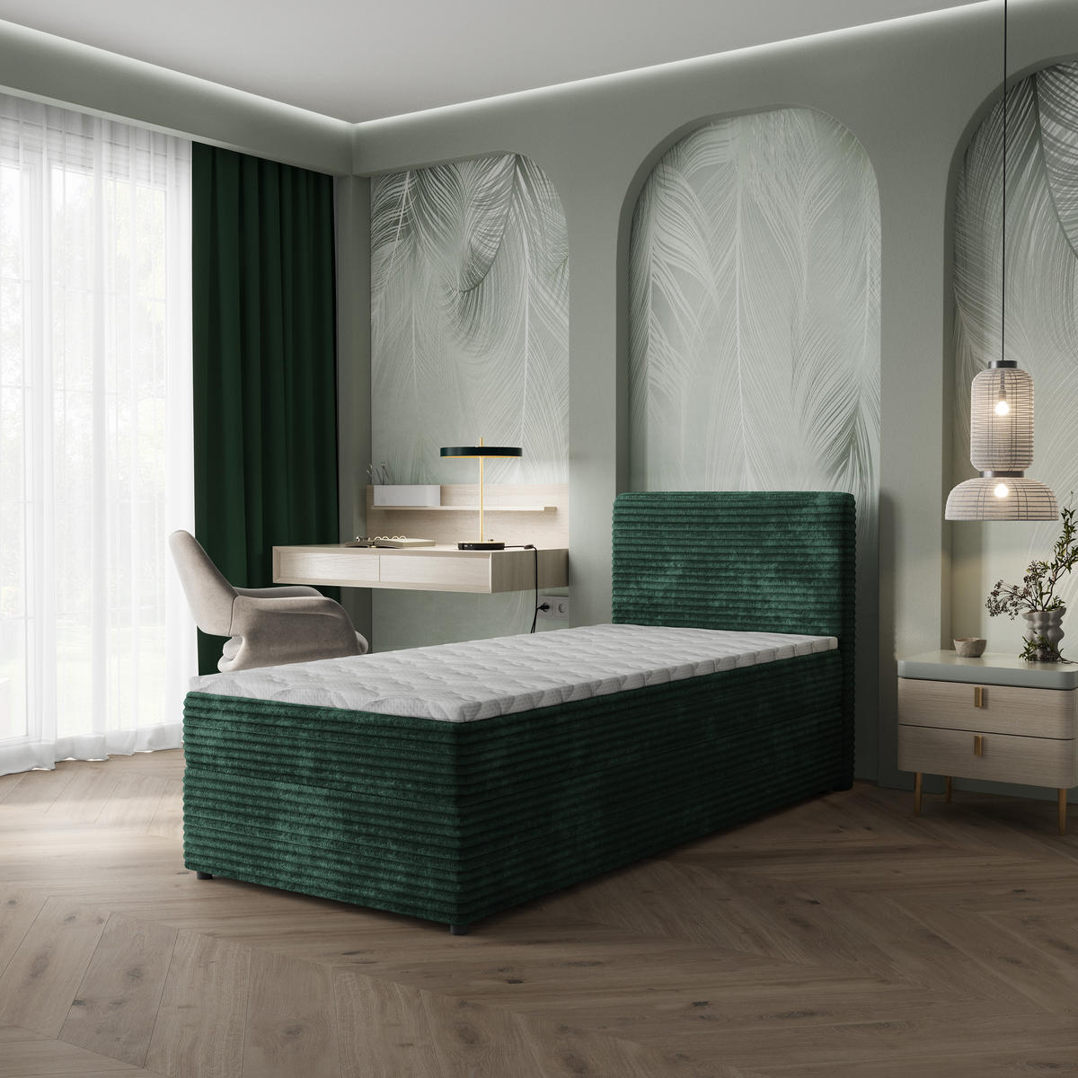 BOXBETT PISA 90 90x200 cm mit Matratze und Topper, H2+H3 - Grün - Grün, Holz (90/200cm) - MASSENO