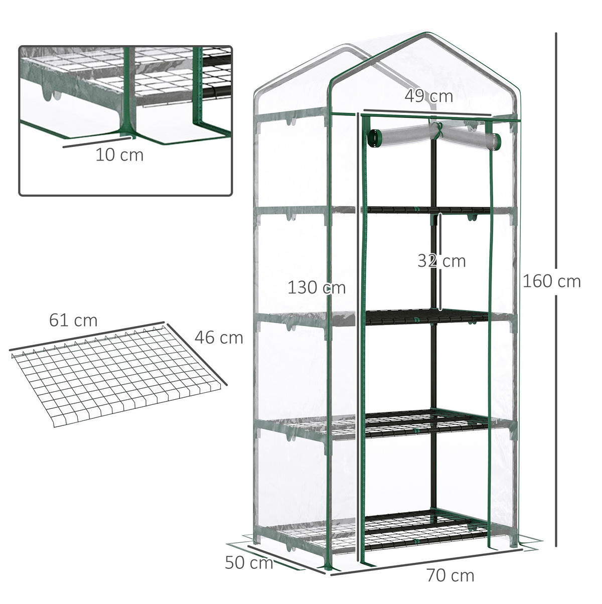 GEWÄCHSHAUS aus Stahl 70x50x160 cm in Transparent mit 4 Regalböden - Transparent, Metall (50/160/70cm) - Modfu