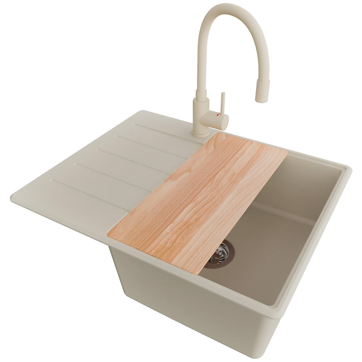 GRANITSPÜLE Kopenhagen, 2-er set Beige 62/50 cm 1 Becken + Küchenarmatur 38/14 cm + Ablauf-Set + Schneidebrett ab 45er Unterschrank - Chromfarben/Beige, Kunststoff (62/20/50cm) - Primagran