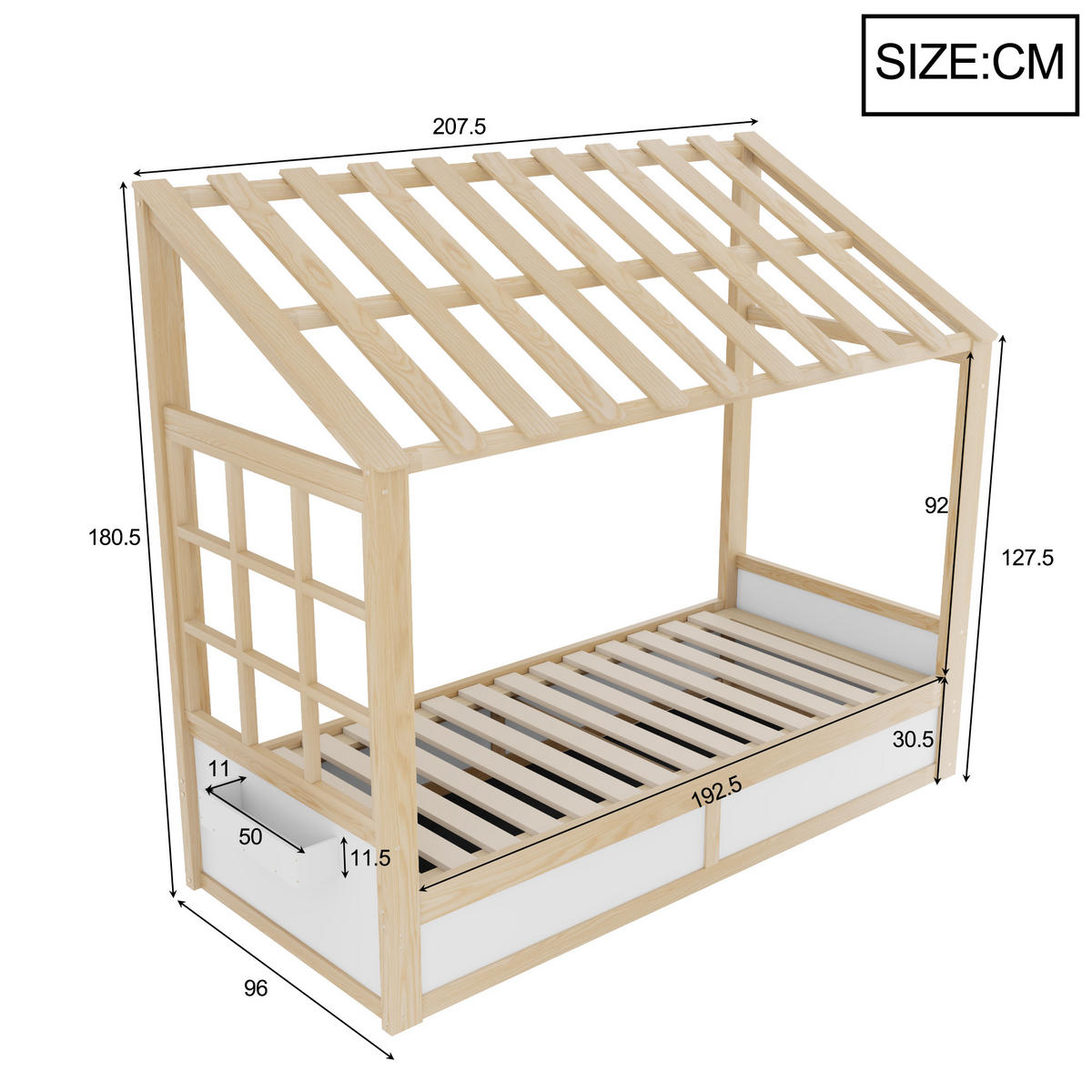 HAUSBETT 90/200 cm mit Dach und Stauraum, DE-41620, in Holzfarbe/Weiß - Naturfarben, Holzwerkstoff (90/200cm) - ComfortXL