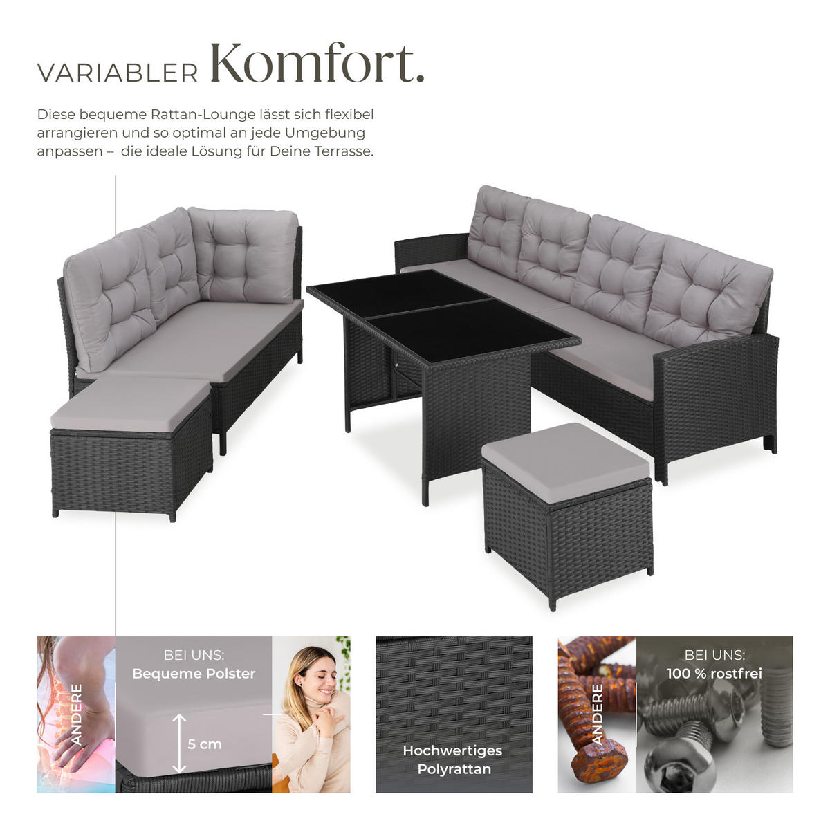 RATTANLOUNGE Barletta,mit Sicherheitsglasplatten,schwarz - Schwarz, Kunststoff - tectake