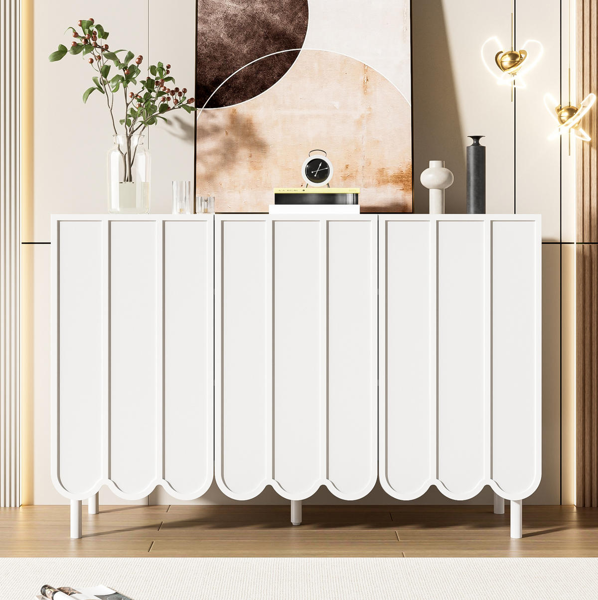 SIDEBOARD in Weiß, grifflos mit Wellentüren, MDF, verstellbare Regalböden, 120/35/80 cm, Weiß - Weiß, Holzwerkstoff (120/80/35cm) - Redom