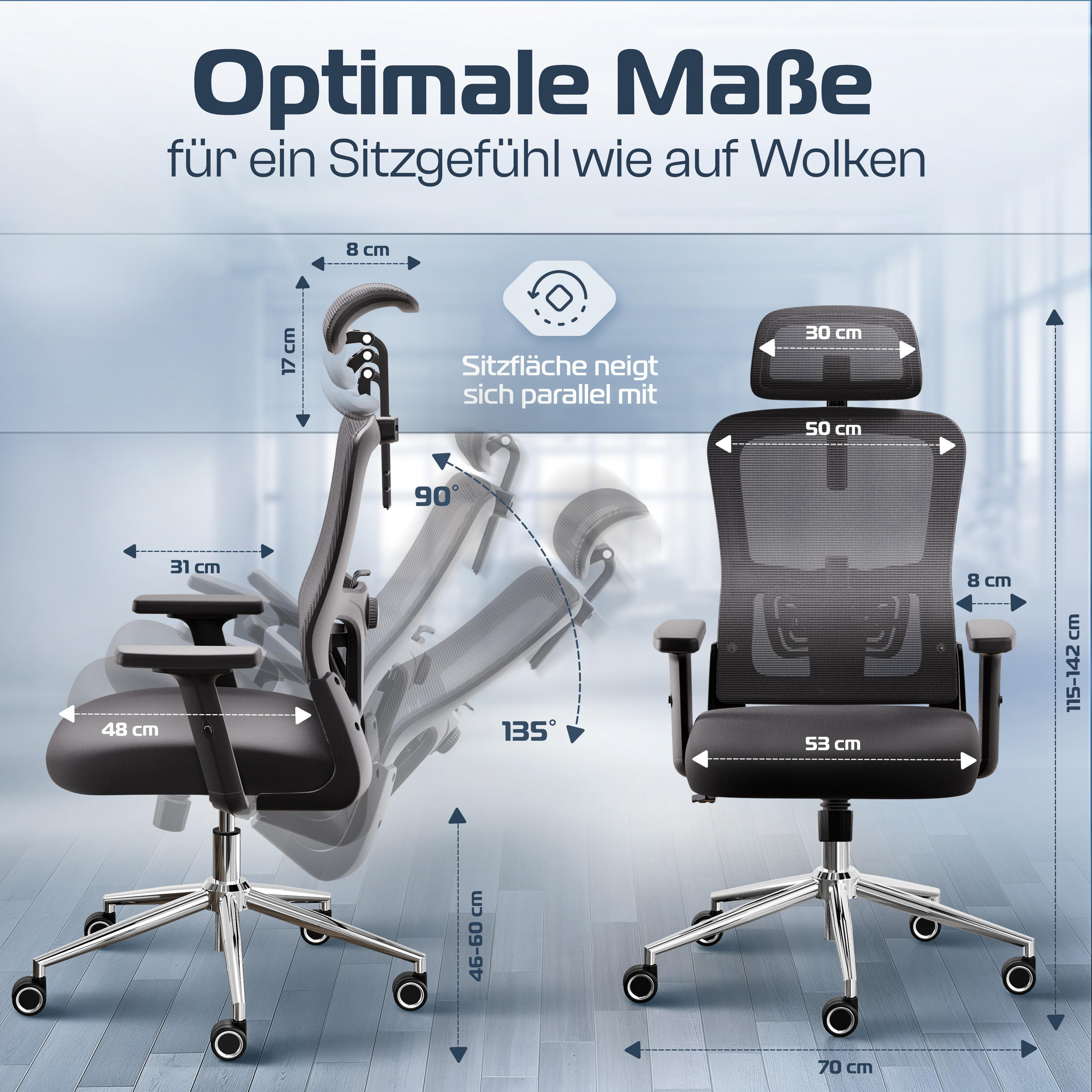 BÜROSTUHL BrightSeat Schwarz - Silberfarben/Schwarz, Kunststoff/Textil (70/142/70cm) - Clouvou