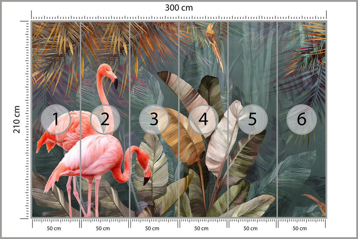 FOTOTAPETE für Wohnzimmer Flamingos Dschungel Blätter Tropisch 300x210 - Multicolor, Papier (300/210cm) - Muralo