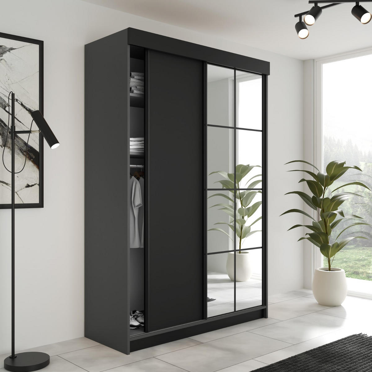 SCHIEBETÜRENSCHRANK LAMARO - 138x205x59 - Graphit & Schwarz - Graphitfarben/Schwarz, Holzwerkstoff (138/205/59cm) - Kier Furniture