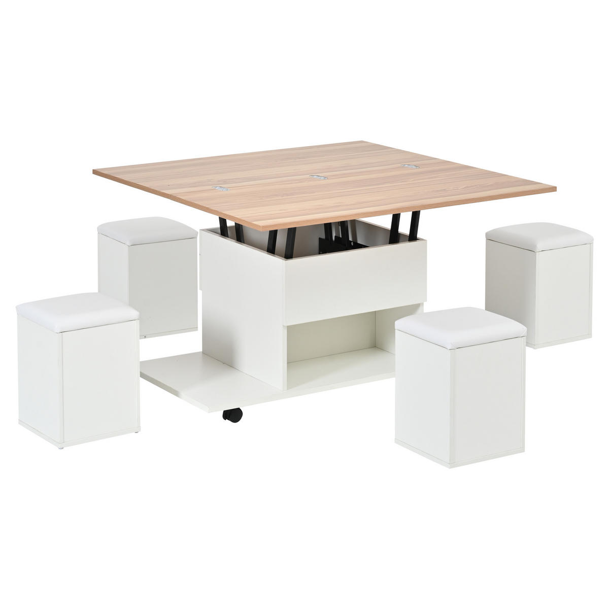 COUCHTISCH DE-37089 mit Lift-Top und 4 Hockern Weiß/Natur - Weiß, Holzwerkstoff (100/100/63.5cm) - ComfortXL