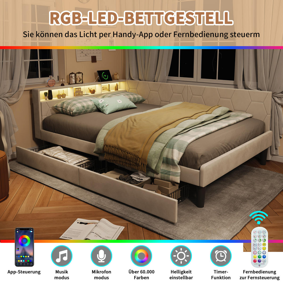 POLSTERBETT beige 140x200 velours schubladen - Beige, Metall - SHOPENTRA