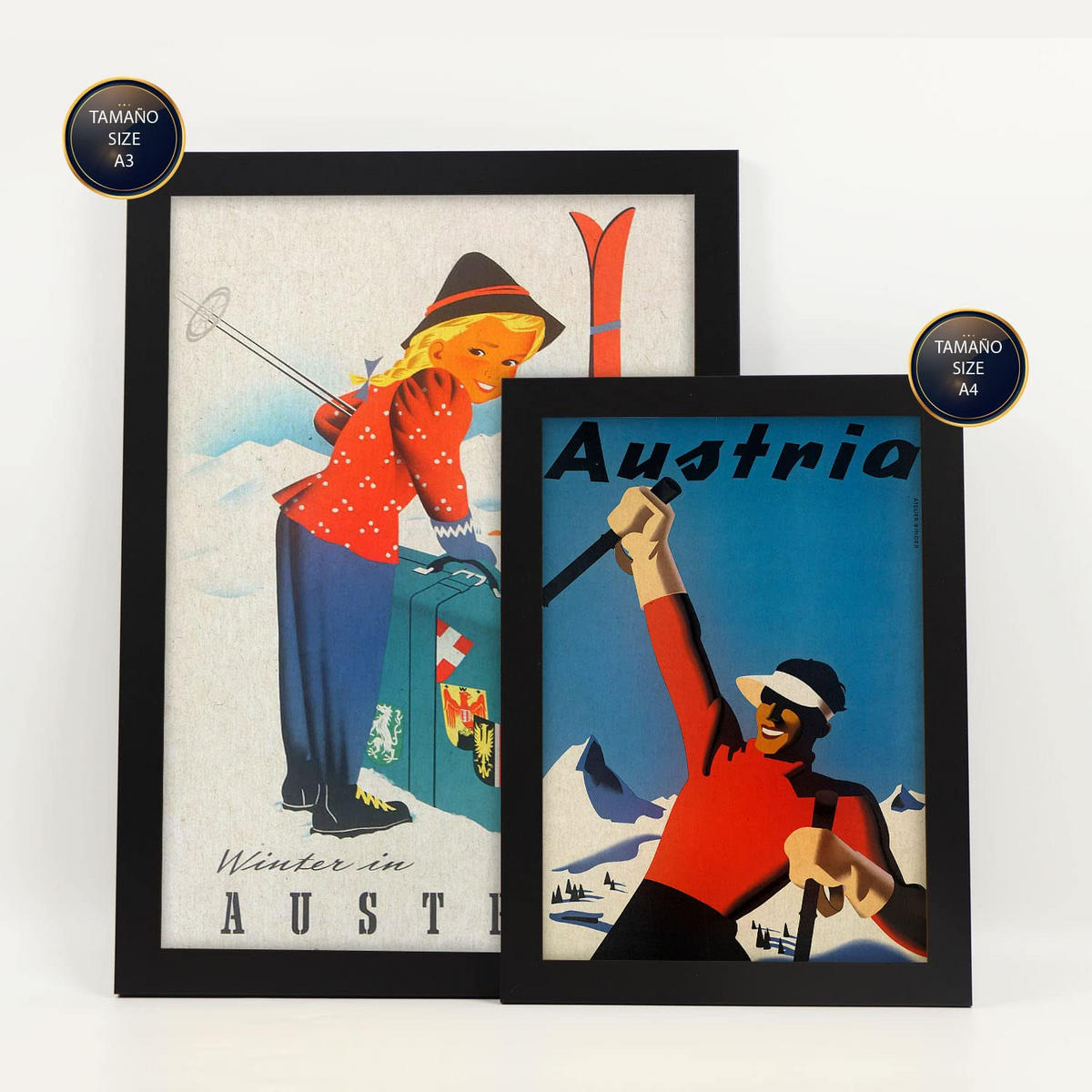 POSTER Set Mit 6 Österreich 2 Vollfarbige Illustrationen Von Vintage Tourismus Werbetafeln Aus Der Ganzen Welt A3 & A4 Schwarzer Rahmen - Schwarz, Papier (29/3cm) - Nacnic