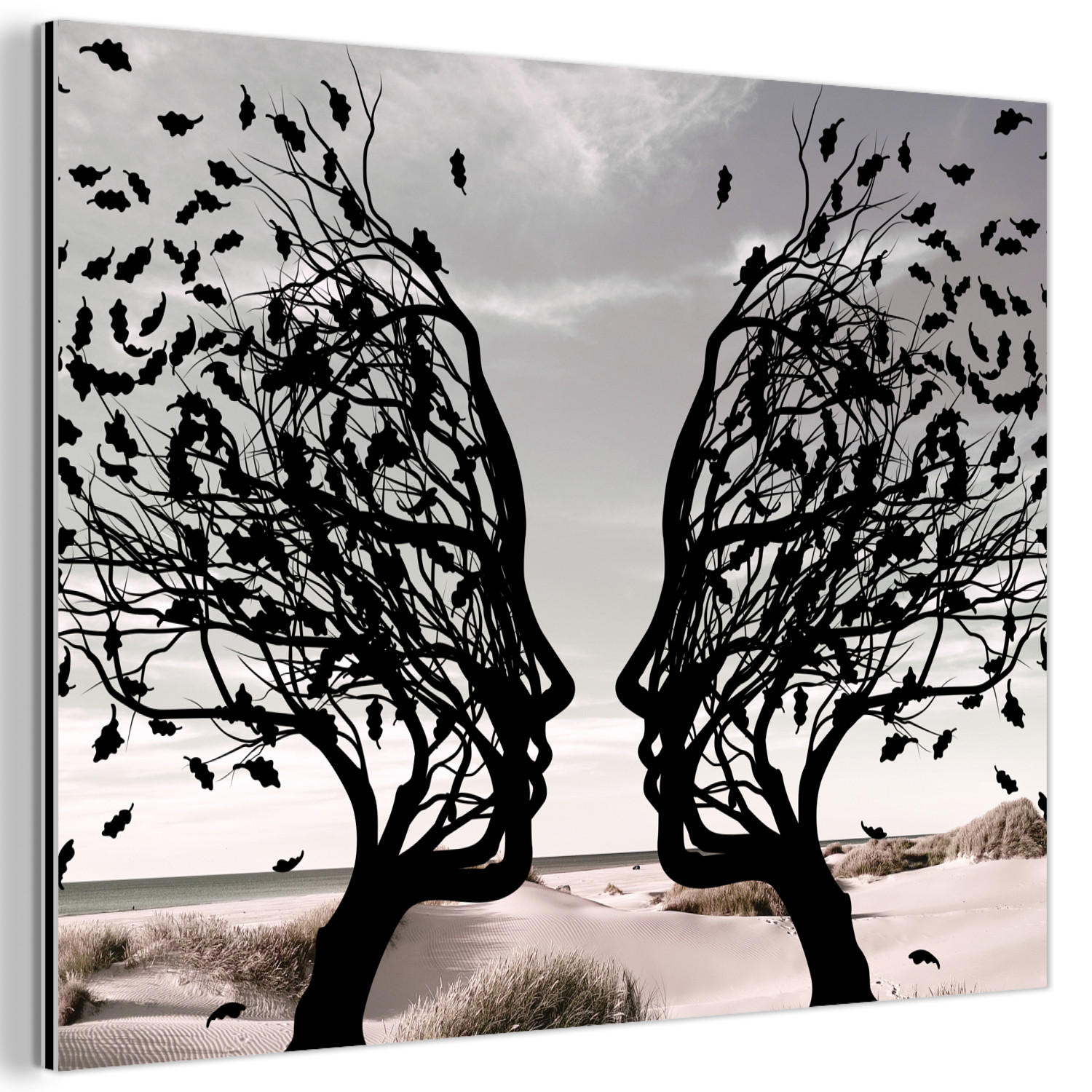 METALLBILD Strand - Meer - Menschen - Baum - Moderne Kunst 40x30 cm - Hellgrau, Metall (40/30cm) - MuchoWow