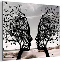 KOVOVÝ OBRAZ Pláž - more - ľudia - strom - moderné umenie 80x60 cm - svetlosivá, kov (80/60cm) - MuchoWow