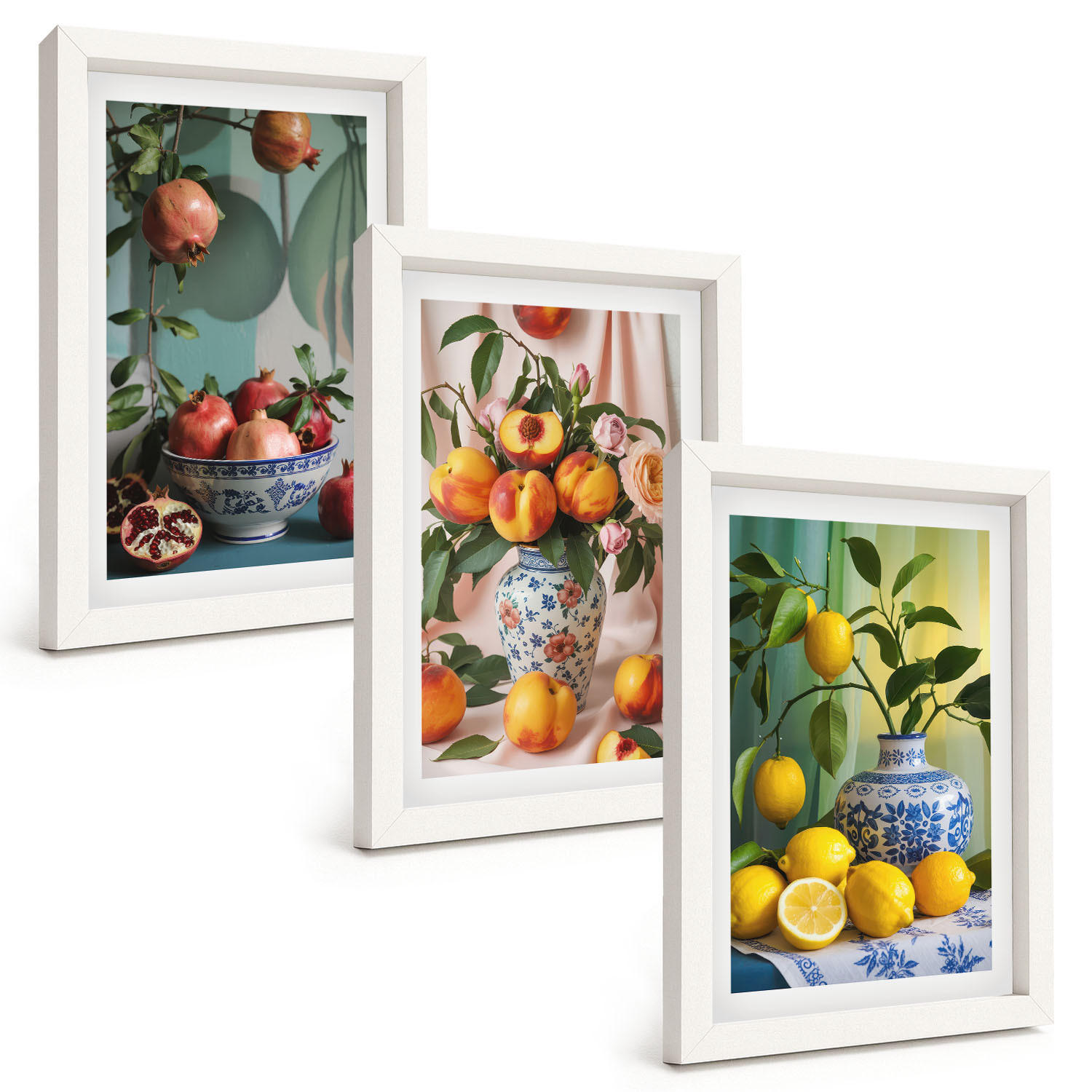 BILDER SET 3er Set - 20x30 cm Weißer Rahmen - Granatäpfel, Pfirsiche, Zitronen - Weiß, Kunststoff (20/30cm) - TULUP